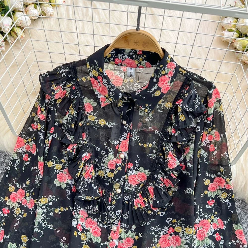 Special Offer New Spring Autumn Women Long Sleeve Loose Shirt High Quality Sweet Pleated Ruffles Black Floral Chiffon Shirt