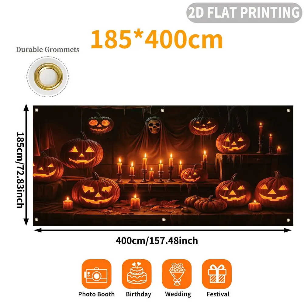 1pc 2D FLAT Halloween Party Garage Banner, Glowing Jack O Lanterns And Candles Pattern, Decorative Polyester Banner