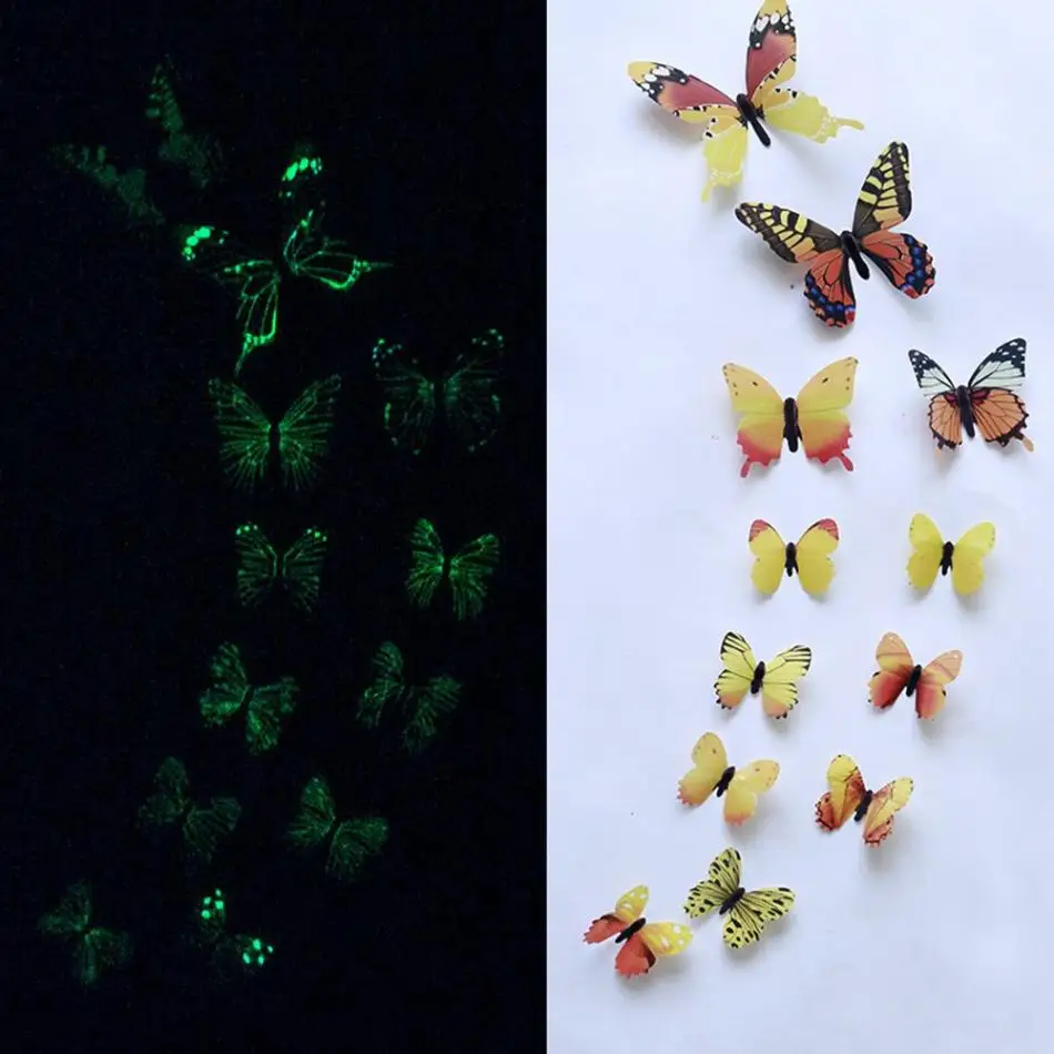 12PCS Luminous Butterfly Wall Stickers Glow In The Dark Self Adhesive Decals Kids Room Bedroom Home Decor