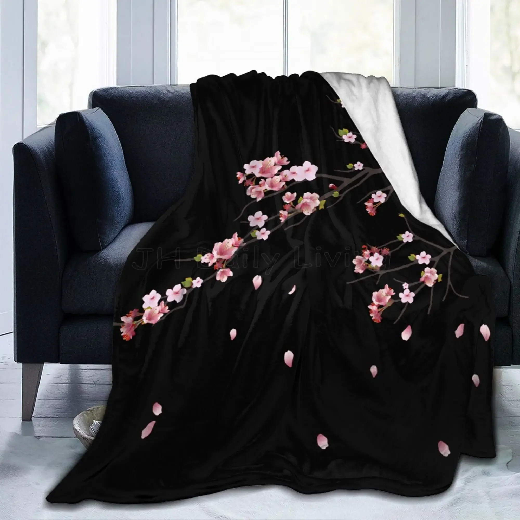 Japanese Sakura Cherry Blossom Print Flannel Throw Blanket Warm Ultra-Soft Micro Fleece Blanket for Bed Couch Sofa Living Room
