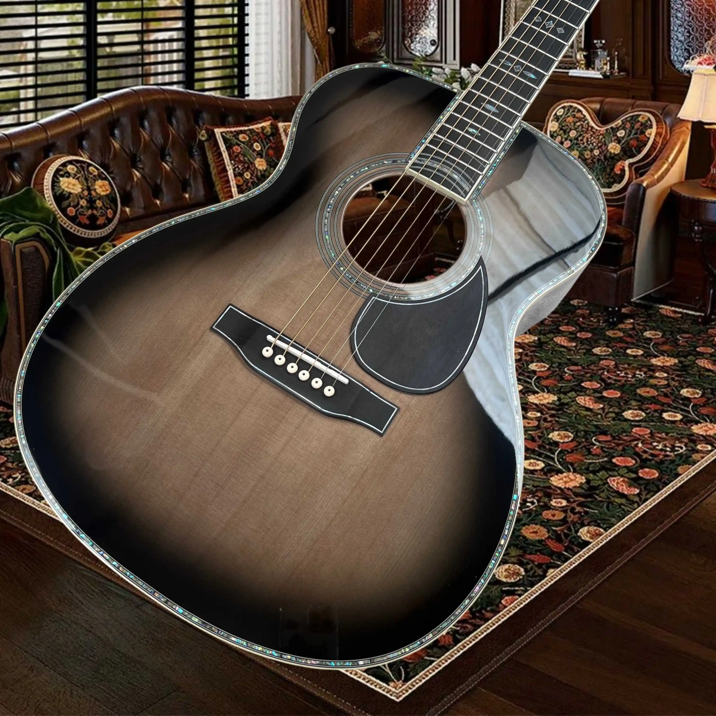 OM45 Style Acoustic Guitar Grey Carbon Fiber Burst Finish Abalone Binding Single Cutaway Rosewood Back Sides Ideal Soloists