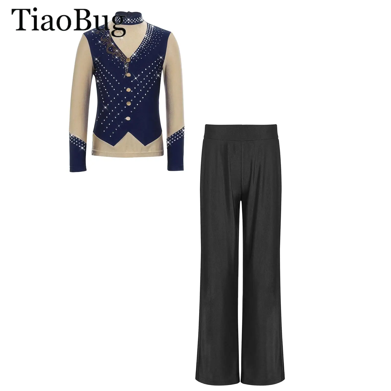 

Костюм для фигурного катания для подростков с длинными рукавами, стразами и молнией, комплект для выступлений: топ и брюки прямого кроя