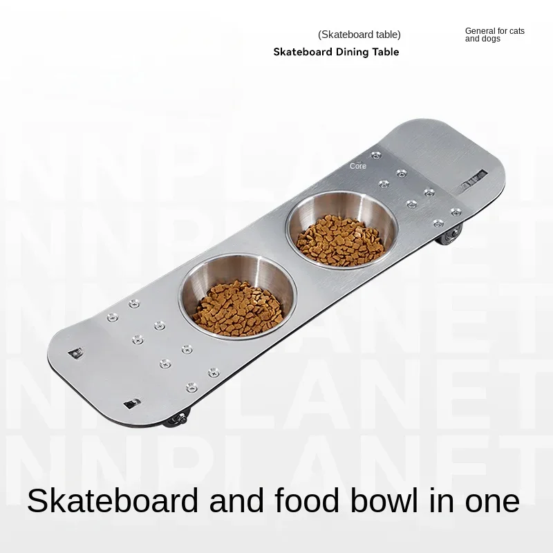 Cat and Dog Bowl Rice Basin Skateboard Pet Dining-Table Special Stainless Steel Double Bowl Feeder