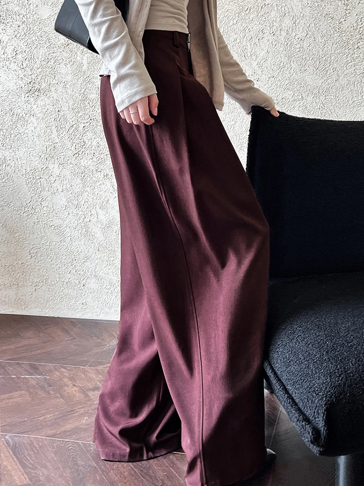 [EAM] pantalones elegantes de pierna ancha largos plisados de cintura alta color rojo vino, pantalones nuevos, moda para mujer, tendencia primavera