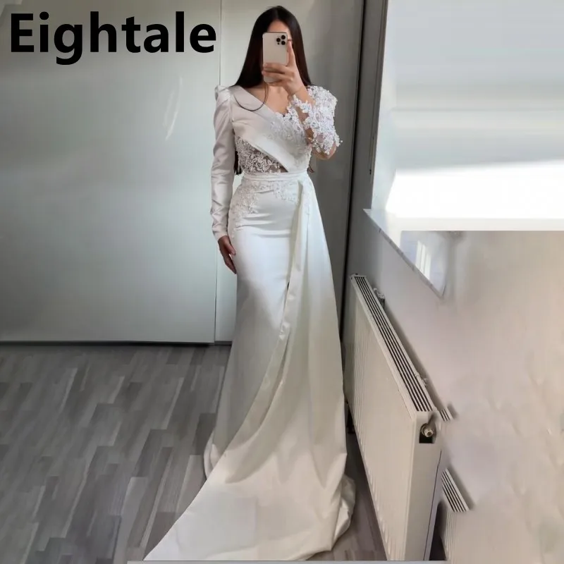 

Customized White Mermaid Appliques Evening Dress Long Luxury 2024 Celebrity Arabic Floor Length Long Sleeve Prom Party Gown