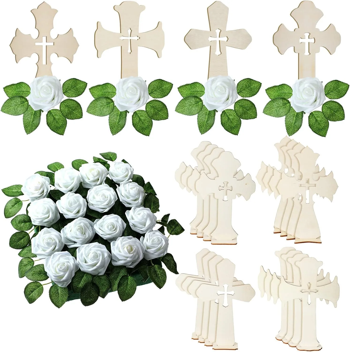 8PCS Wooden Cross with Base and Artificial Flower Fake Rose First Communion Centerpiece Wedding Home Decor (Wooden) Crafts