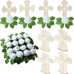 8PCS Wooden Cross with Base and Artificial Flower Fake Rose First Communion Centerpiece Wedding Home Decor (Wooden) Crafts