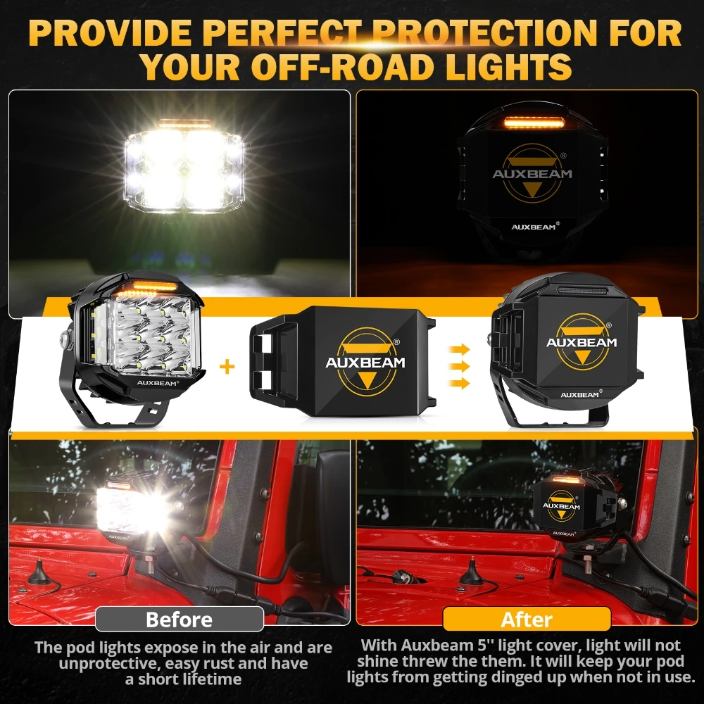 AUXBEAM V-MAX SERIES 4/5/7 inch LED DRL Driving Lamp Work Light with Black & Amber Shell Combo + SIDE SHOOTER LED POD Spot Light