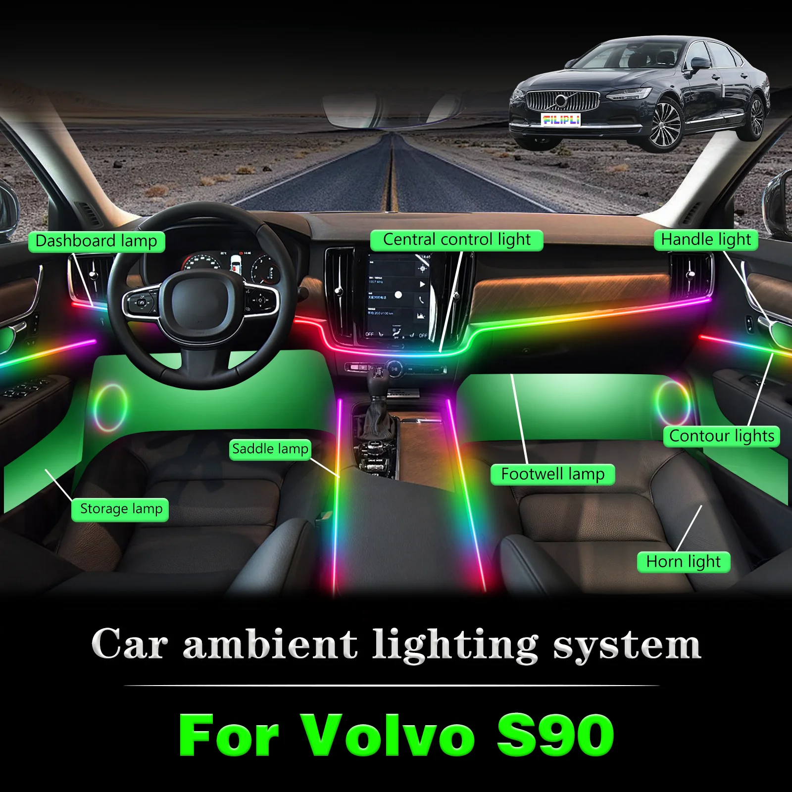 

For Volvo S90 Smart Remote Control RGB 64 Colors LED Car Interior Ambient Light Energy Saving Efficient Lamp Kit