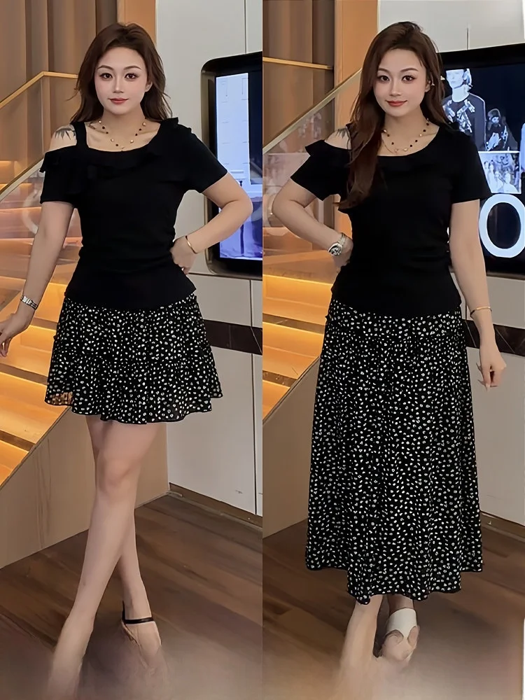 

plus Size Women's Fashionable Summer Outfit Shoulder Bared Short Sleeve Floral Print Half Skirt Korean Style Loose Fit Commute