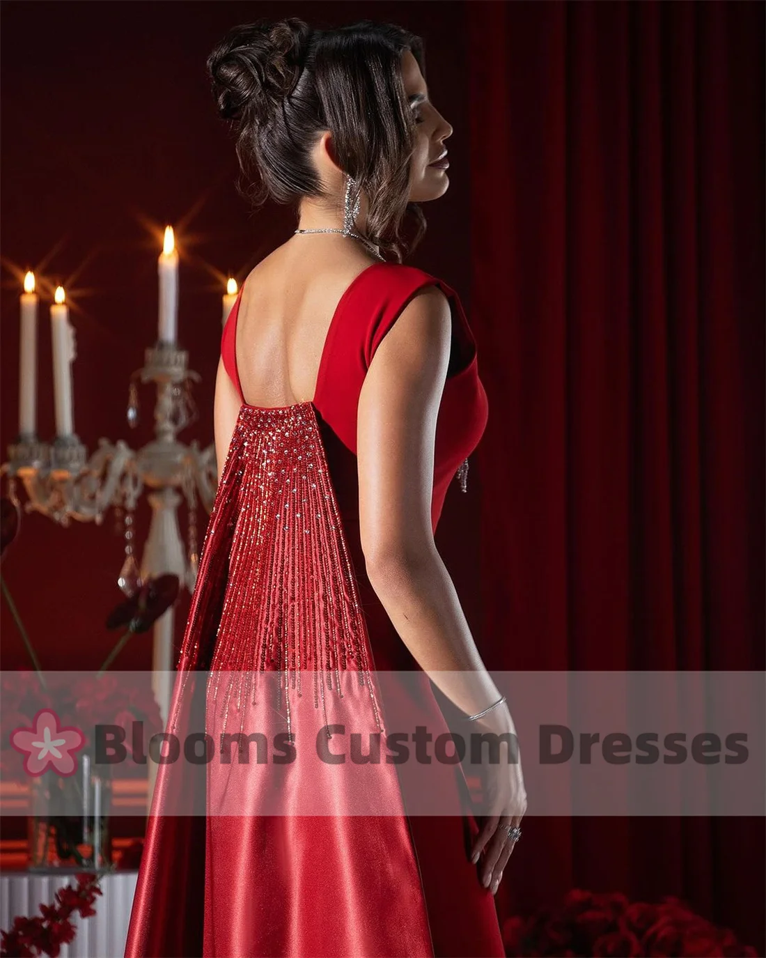 Blooms Red Crepe Prom Dress With Beaded Satin Train Backless Formal Occasion Gown Sleeveless Customized Party Evening Dresses