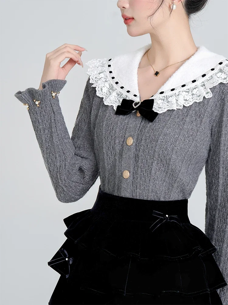 French Elegant Sweet Lace Splicing Sailor Neck Bow Bead Flare Sleeve Single-breasted Grey Knitted Sweater Short Cardigan Women