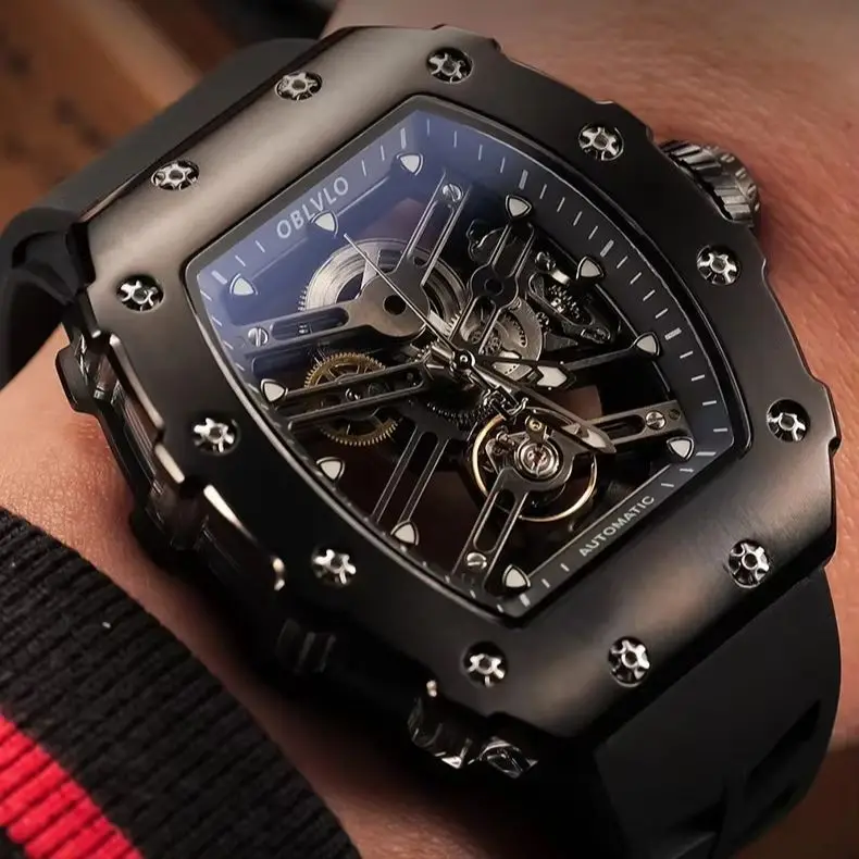 OBLVLO ساعة أوتوماتيكية للرجال 43 مللي متر Tonneau ساعة يد ميكانيكية مضيئة الهيكل العظمي الهاتفي الياقوت مرآة كريستال الحافة