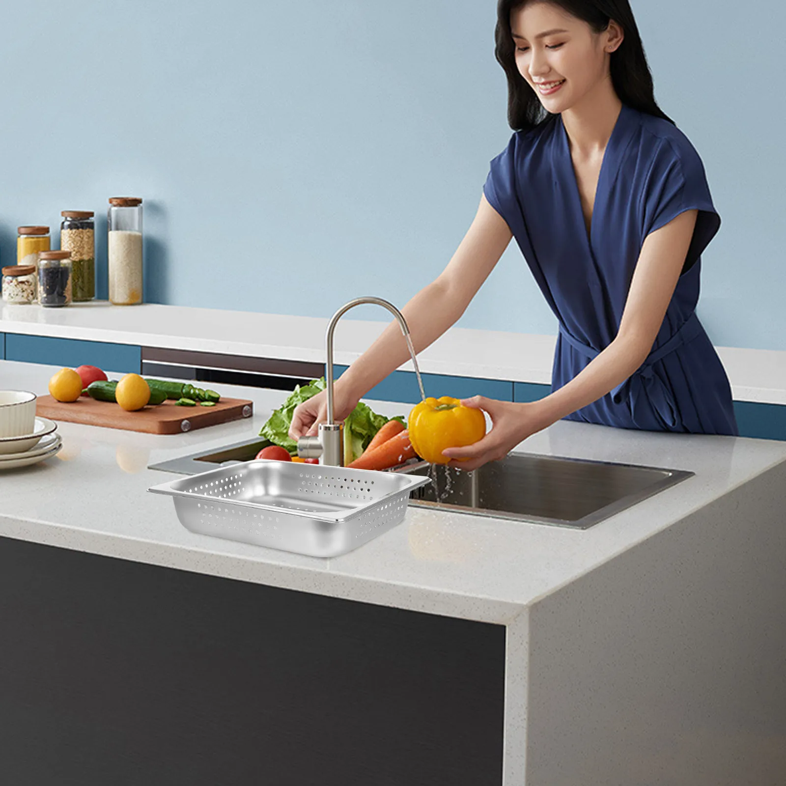 

Thick Stainless Steel Vegetable Washing Basin Large Capacity Kitchen Metal Colander Food Strainer Vegetable Washing Basin