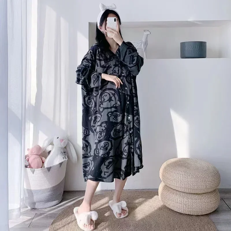 150kg Plus Size Women Autumn Loose Soft Cotton Blend Long-Sleeve Pajama Sleeping Shirt Dress Fat Female Clothing Oversize Dress