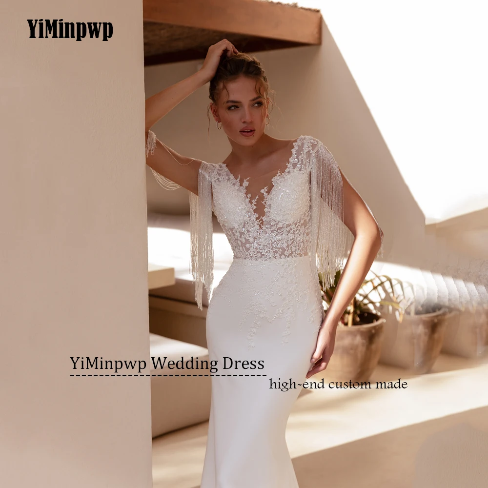 Satin Brautkleider Applique Meerjungfrau U-ausschnitt Pailletten Backless Quaste Braut Kleider Elegante Vestidos De Novia Angepasst