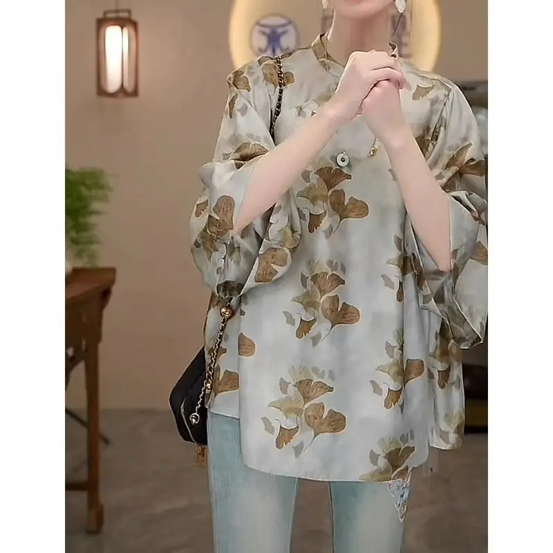 2024 New Women\'s Summer Retro Stand Up Collar Small Shirt Chinese Loose Imitation Mulberry Silk Top Fashion Light Luxury Shirt