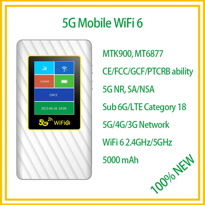 HUIYIBANG 5G 모바일 와이파이 라우터, 802.11ax 듀얼 밴드 포켓 핫스팟, 5000mAh 6nm MTK900 5G SA NSA MiFi 4G LTE CAT18 WiFi6 