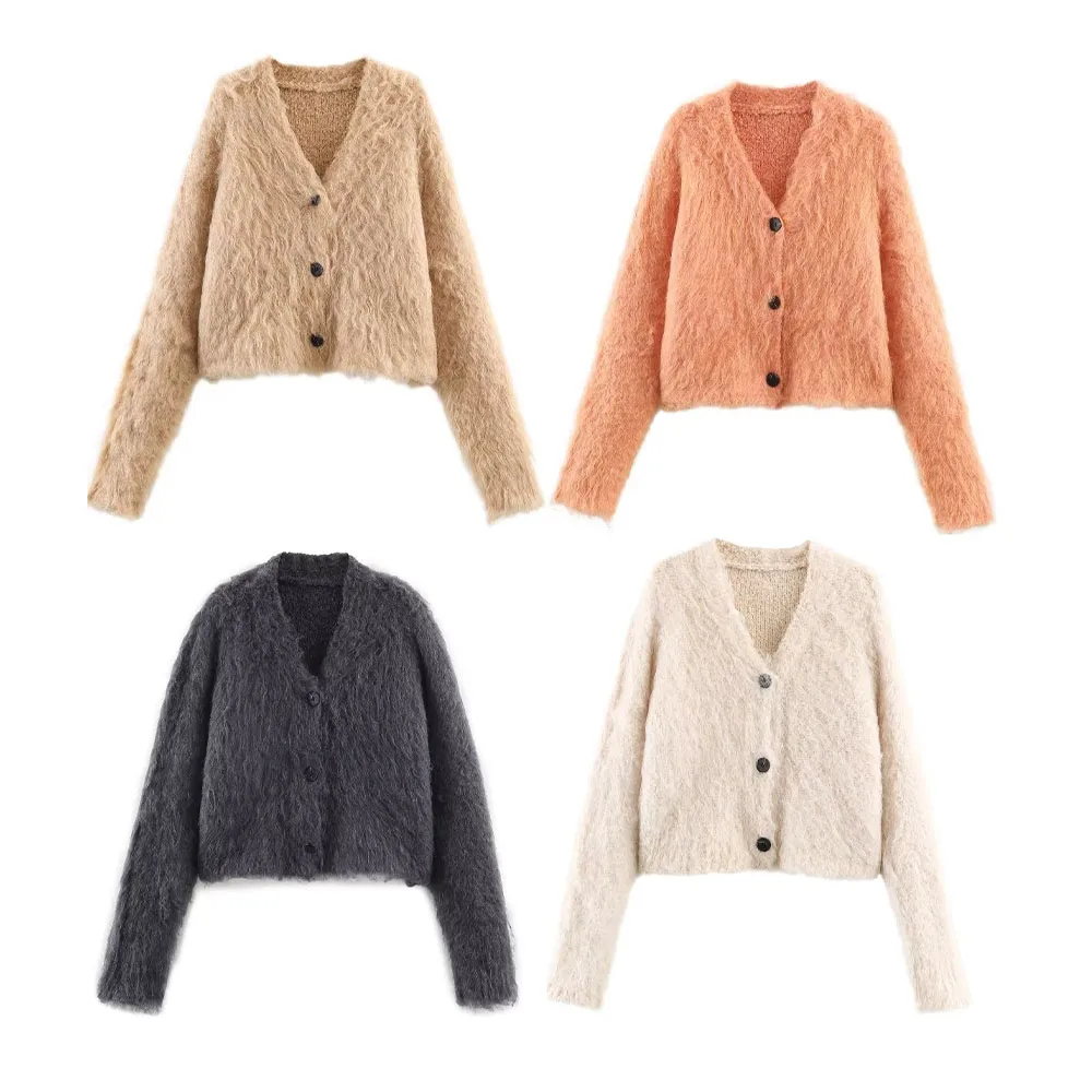 DiYiG WOMAN 2025 Winter New Fashion Solid Color Long Hairy Knitted Long Sleeve Cardigan Chic V-Neck Button Sweater Coat Mujer