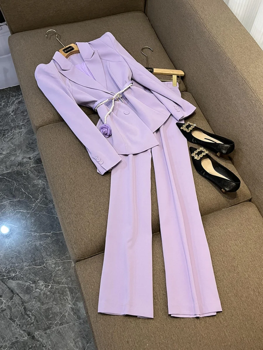

Faionable Busin Commute Pearl Flower Waist Chain Suit Jaet Wide Leg Pants Set Ele Profional Women's Ensemble