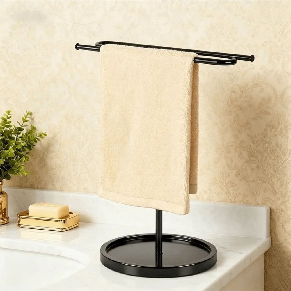 yesNon-Slip Metal Towel Holder Weighted Base Stable Hand Towel Stand Space Saving Endurable Standing Towel Rack Countertop Stora