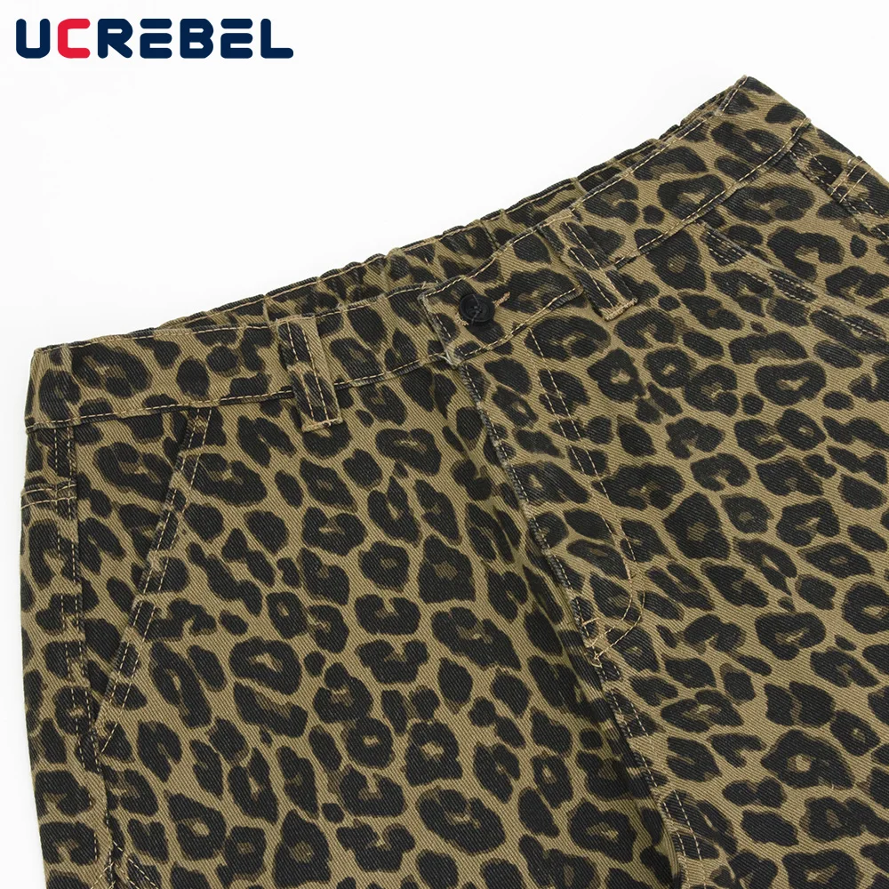 ليوبارد طباعة البضائع السراويل الرجال تقسم متعددة جيب الرجعية شارع العليا فضفاض مستقيم واسعة الساق بنطلون رجل #3