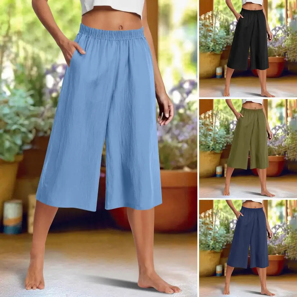 Женские свободные широкие брюки из полиэстера, летние женские однотонные уличные брюки с высокой эластичной резинкой на талии и пуговицами, однотонные брюки