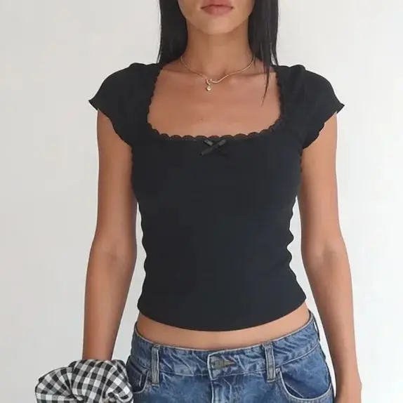 y2k Vintage Baby Tee Cottage Lace Trim Knitted T-Shirt Summer Square Neck Short Sleeve Tee Shirt Women White Milkmaid Crop Top