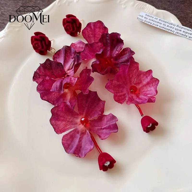 DOO MEI Romantic Oversized Fabric Dangle Earrings for Women Flower Drop Earrings Wedding Evening Party Statement Jewelry