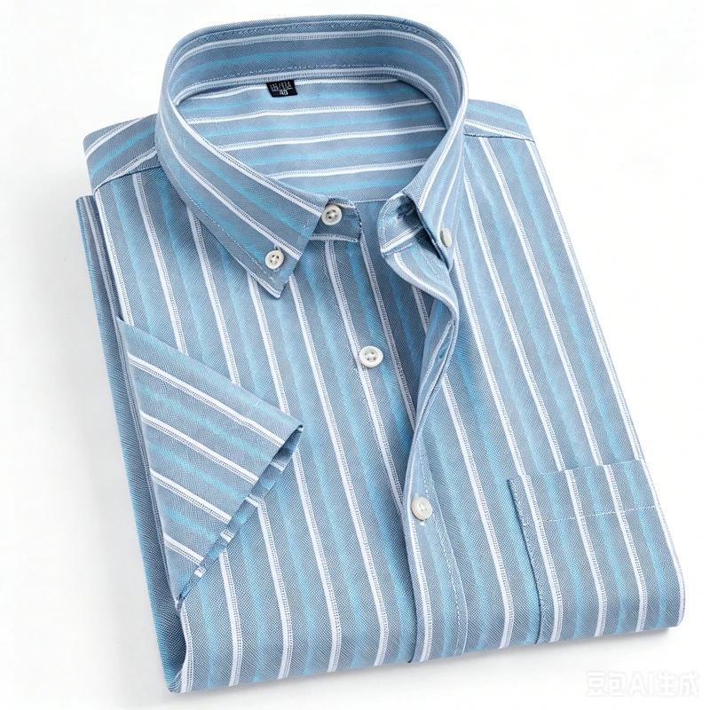 Men's Summer Casual Shirts Oxford Short Sleeve Square Collar Soild Plaid StripedSingle Pocket Comfortable Cotton Shirt