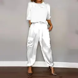 Top e pantaloni a maniche corte in raso liscio da donna Set di due pezzi o-collo con lacci completi larghi ed eleganti da donna in due pezzi