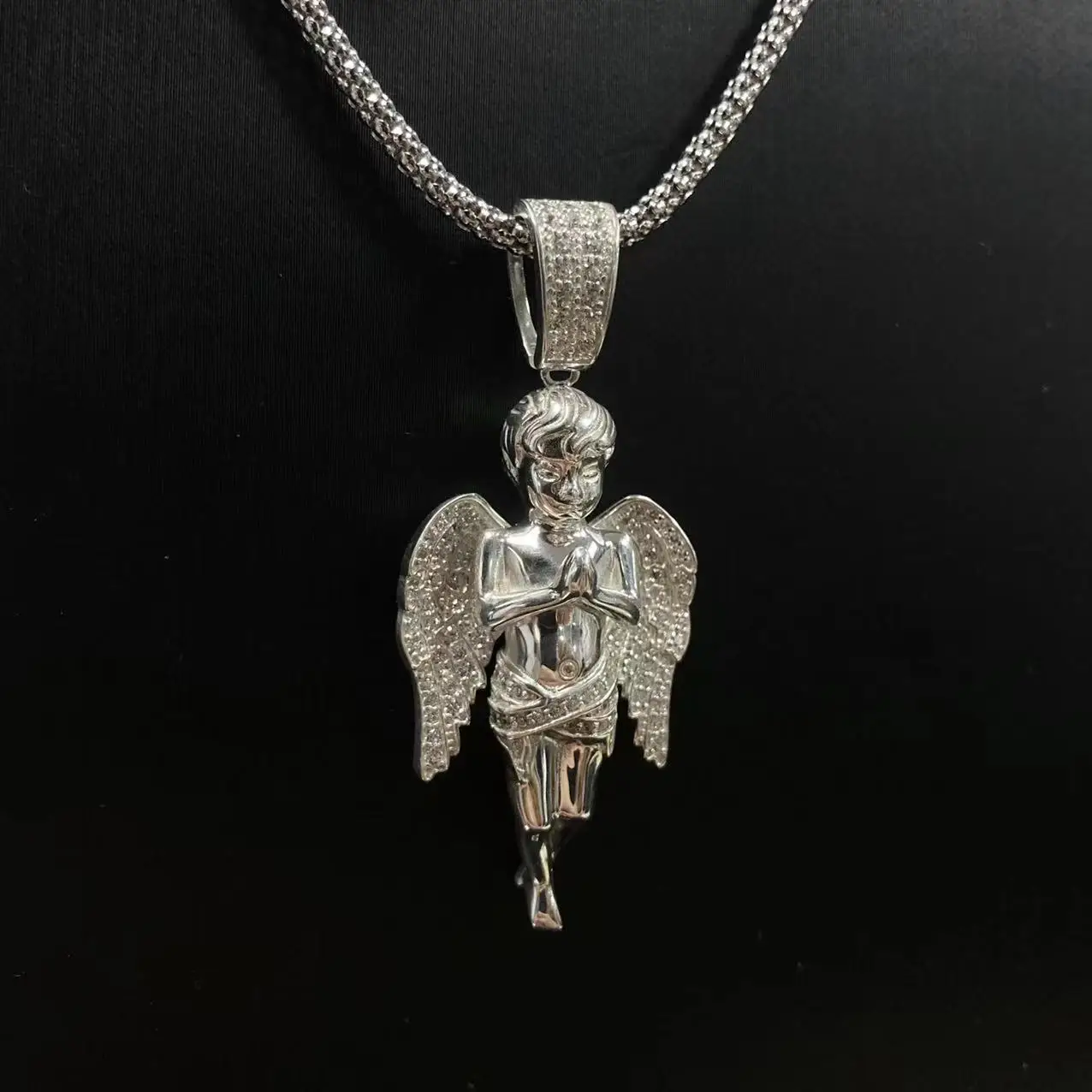 S925 Silver Angel Euro-American Hip Hop Pendant Full Diamond Prayer Angel Kanye Same Zircon Rap Necklace Hiphop