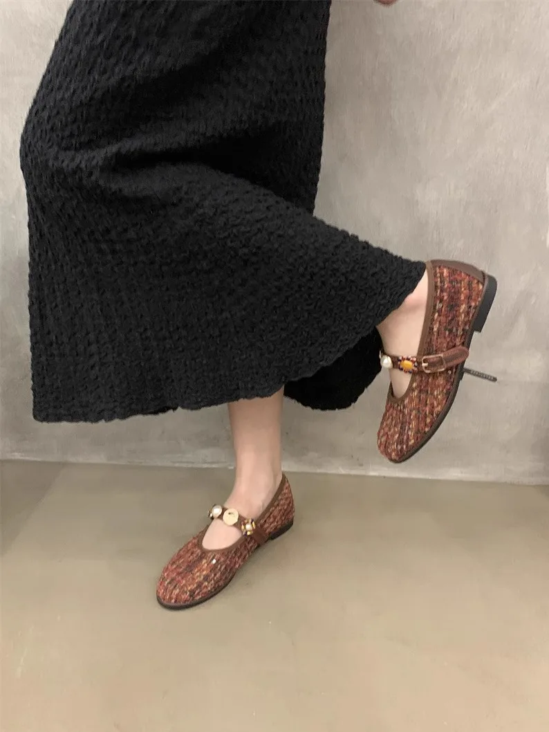 Women Shoes Autumn Female Moccasin Flats Pearl Decorateion Round Toe Fall Retro Summer Genuine Leather Grandma New Dress