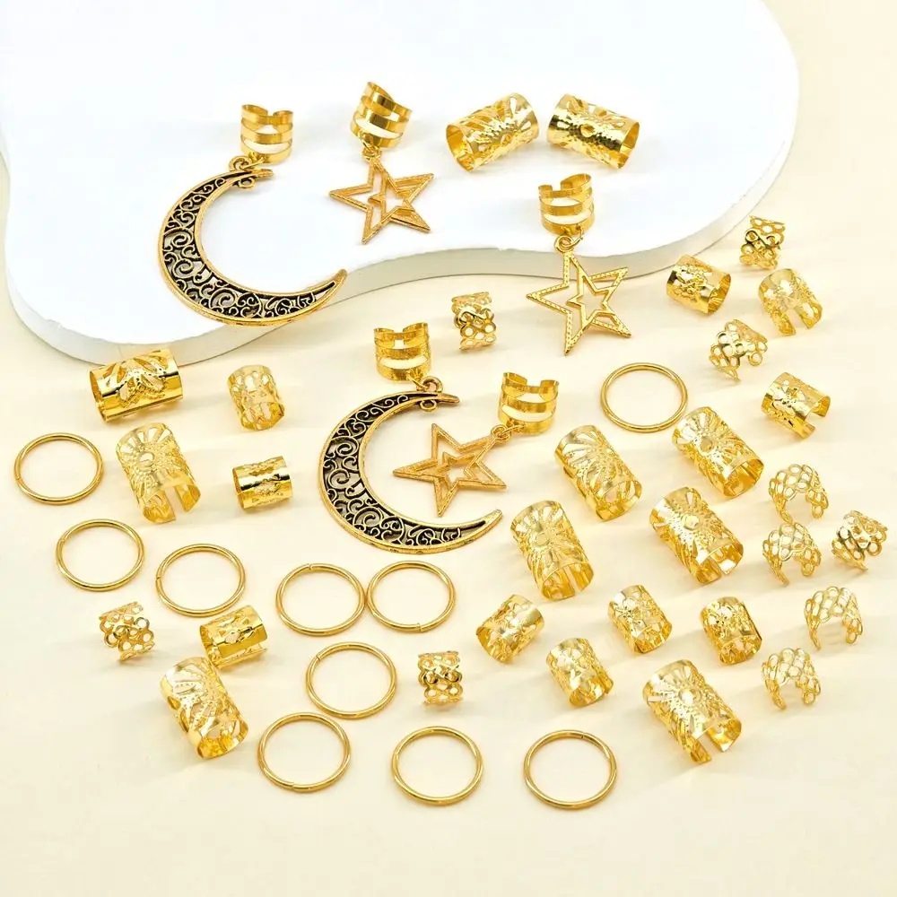 45Pcs/Set Stars Moon Combination Dreadlock Hair Rings Adjustable Vintage Braiding Jewelry Dreadlock Hair Clip Metal Cutout