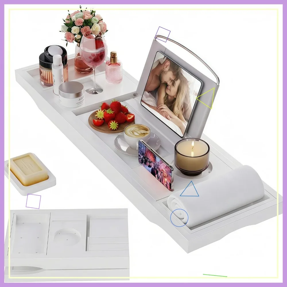 

Складной бамбуковый поднос для ванны с выдвижными боковинами, регулируемый держатель для бокала, книги, телефона, планшета - белый