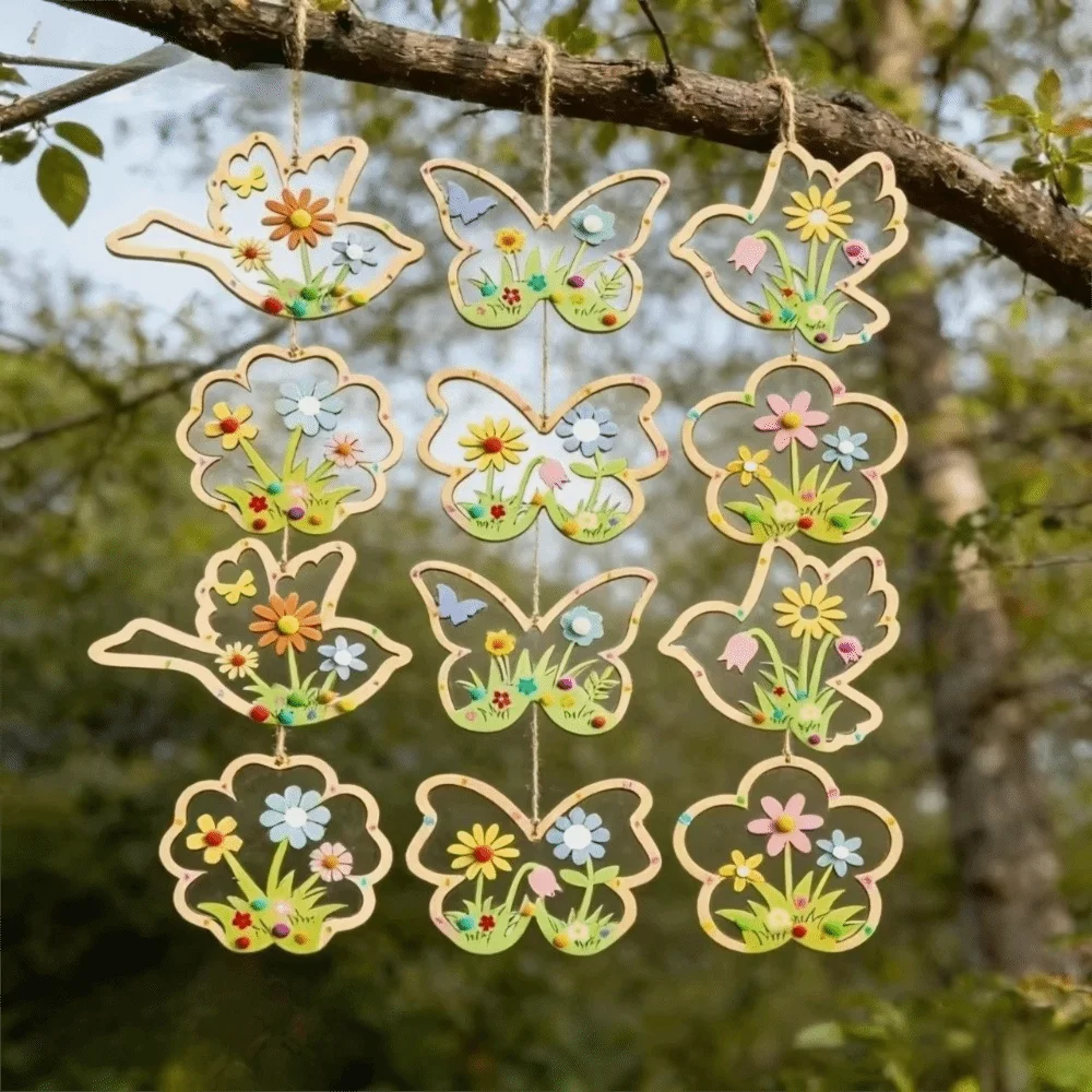 6pcs Wooden Butterfly Flower Shaped Ornaments Unfinished Hanging Home Decor Coloring Handmade Mini Wood Crafts