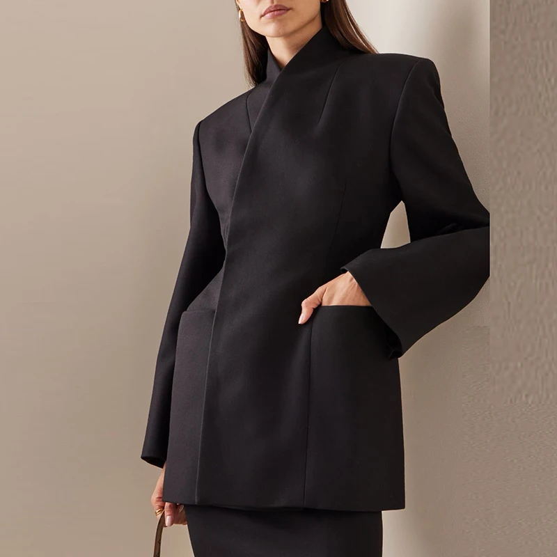Women Solid Color Long Sleeve Banquet Blazer Winter High Street Pocket Coat Office Lady Fashion Stand Collar Temperament Jacket