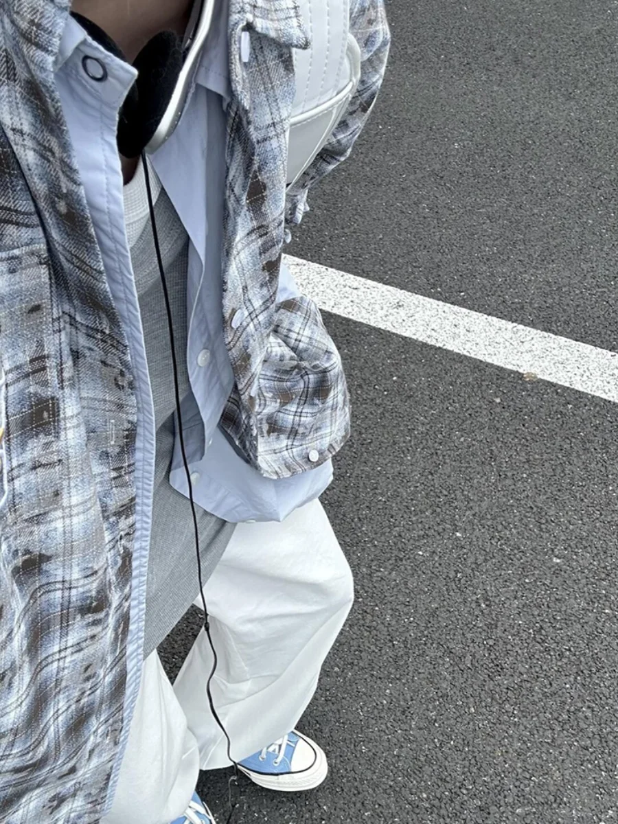 

Синяя клетчатая рубашка с длинным рукавом для мужчин, осенняя, в американском стиле, для пар, высококачественная, модная верхняя одежда в клетку