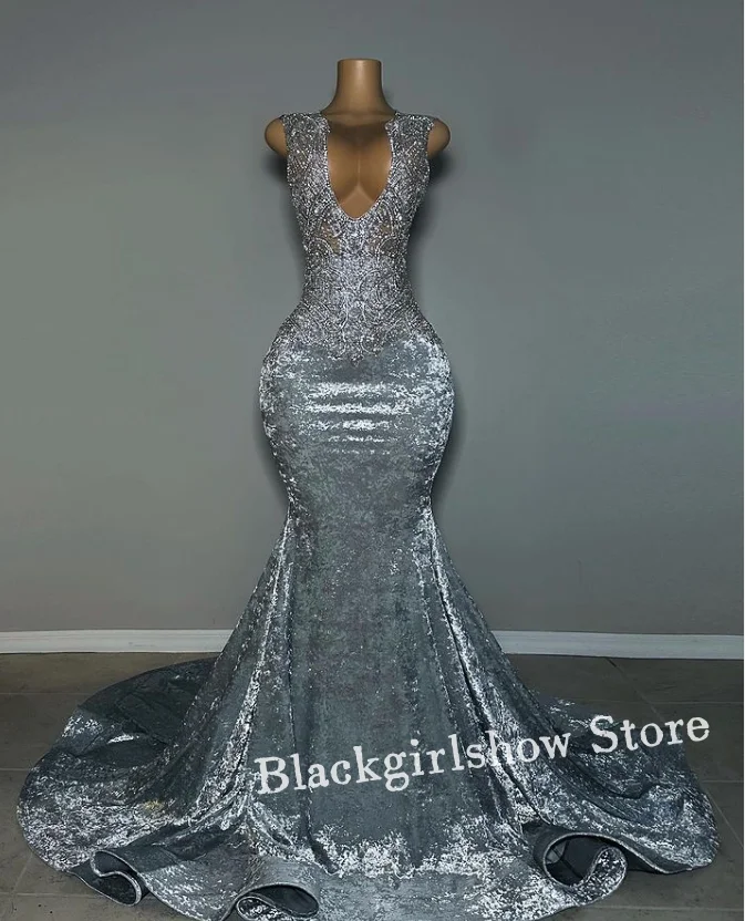 Shiny Silver Prom Party Dress 2024 Luxurious V Neck Diamond Appliqué Mermaid Long Dress Formal Occasion فساتين سهرة