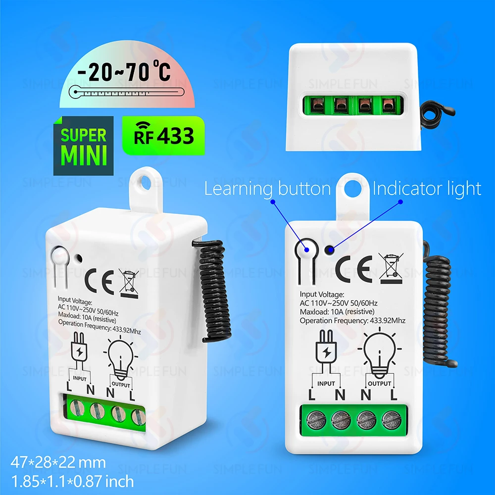 86-Typ Wireless Touch Panel Schalter Drahtlose Licht Schalter 110V 220V 230V 10A Mini RF433mhz relais Modul/Unterbrecher für Beleuchtung – Detail 2
