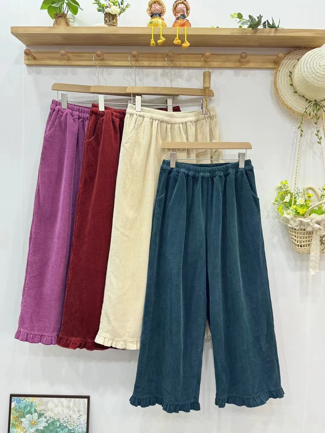 Autumn Winter Sweet Solid Color Corduroy Pants Women Elastic Waist Casual Pants