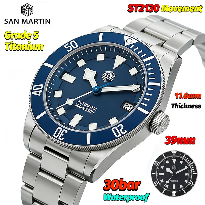 San Martin SN0121TD 300M Diving Watch Man Grade5 Titanium Mechanical Watch ST2130 Movement Sapphire 39Mm Luxury Wrist Watch