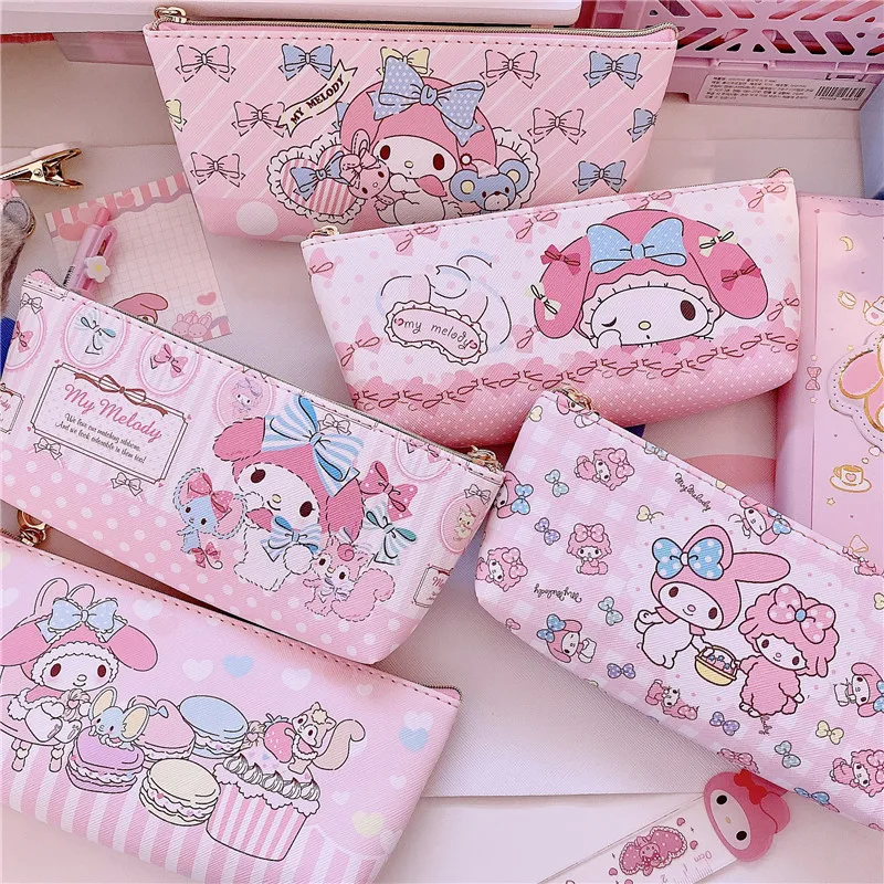 Sanrio Kuromi Cinnamoroll Hello Kitty Pink Melody Pencil Case Student Cartoon Leather Stationery Case Zipper Pencil Storage Box