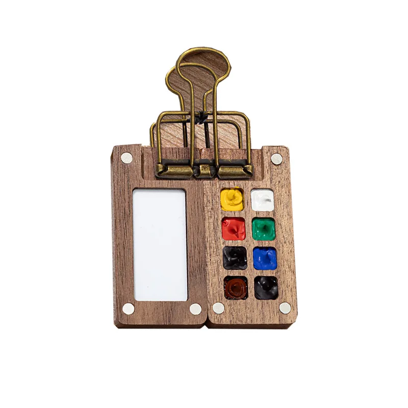 

Mini Watercolor Paint Box Walnut Box Portable Sketching Travel Painting Travel Set with Clips