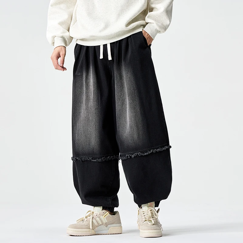 

High Street Denim Pants Mens Japanese Casual Straight Wide Leg Pants Male Hip Hop Harajuku Jeans Man Baggy Oversized Cargo Pants