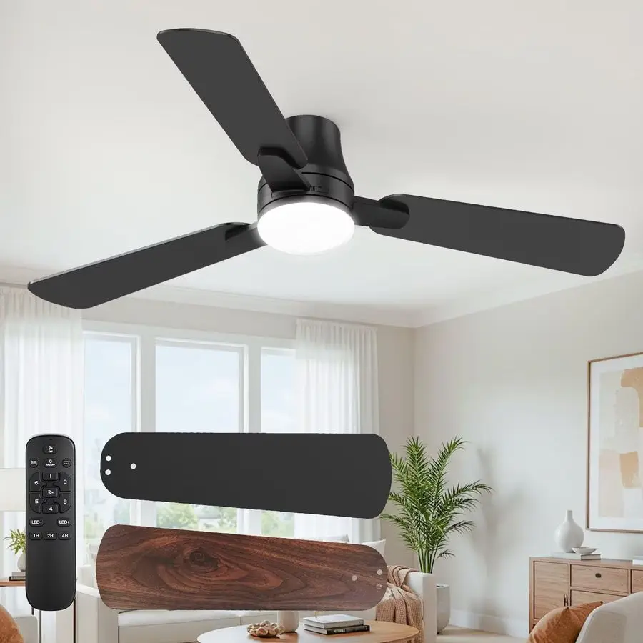 

Ceiling Fans with Lights and Remote 42 Inch Modern Black Ceiling Fan, Low Profile Flush Mount, Quiet Reversible DC Motor 3CCT D