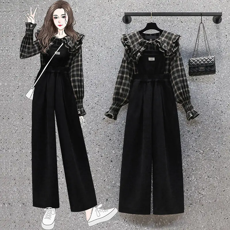 (M-4XL) Women\'s Preppy Style Spring Autumn Casual 2 Piece Pants Set Lady Korean Student Plaid Shirts Black Overalls Outfits 2023