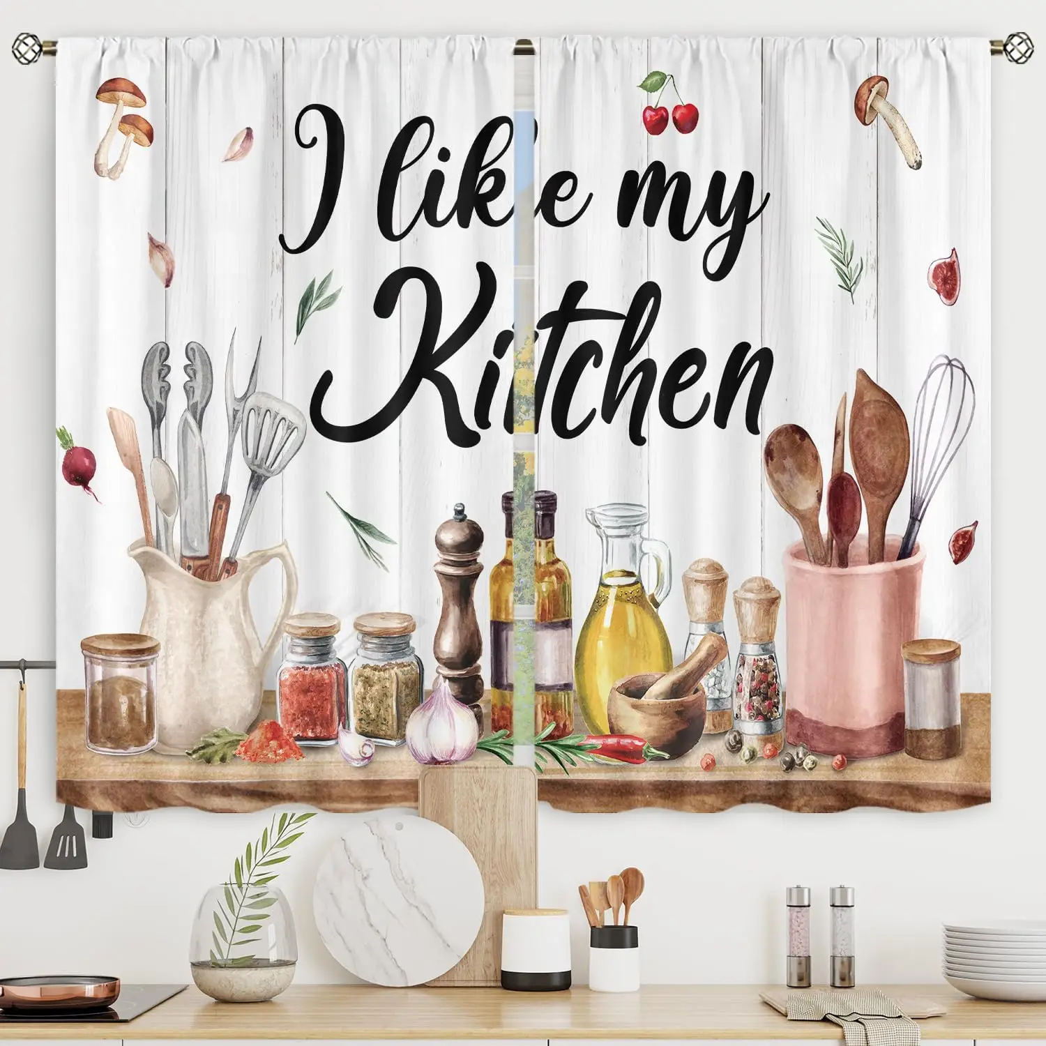 

Занавески для кухни в стиле кантри, деревенский грибной лист, дерево, винтажные карманные короткие шторы для спальни, гостиной, ткань для ухода за тканью, 2 шторы