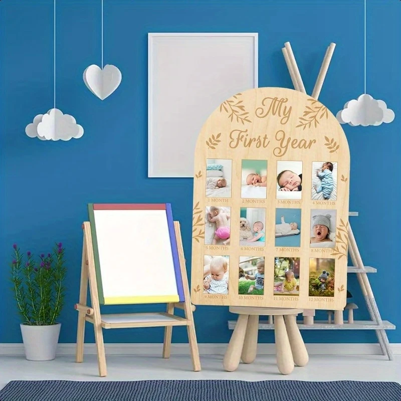 1pc My First Year Baby Growth Photo Display Board - 12 1-month-old newborn milestone photo frame -Neutral Baby Memorial Board 1