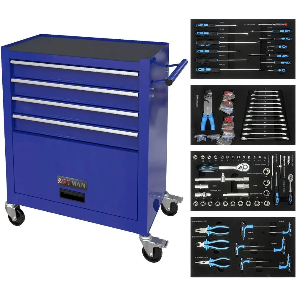 

Синий прочный инструментальный шкаф на колесах с 4 ящиками и набором из 233 инструментов для хранения в гараже